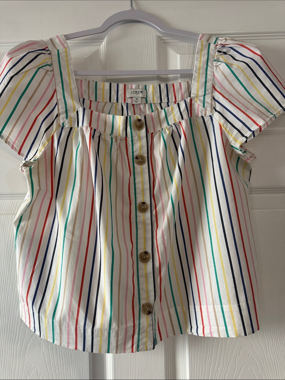 J. Crew women’s White Short-Sleeve Button-Front Top with Multicolor Stripes